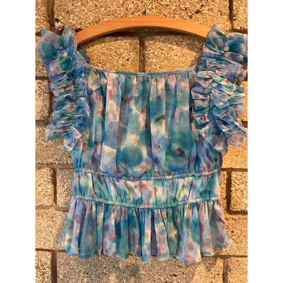 French Connection XS Ruffled Sleeveless Watercolor Peplum Top Blue & Pink - Picture 6 of 9